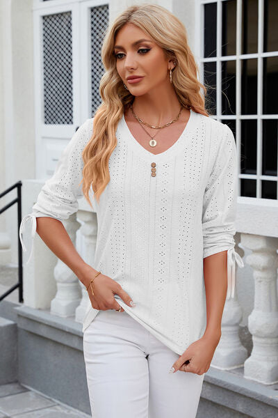 Eyelet Drawstring V-Neck Half Sleeve T-Shirt - Aurelia Clothing