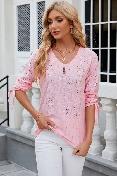 Eyelet Drawstring V-Neck Half Sleeve T-Shirt - Aurelia Clothing