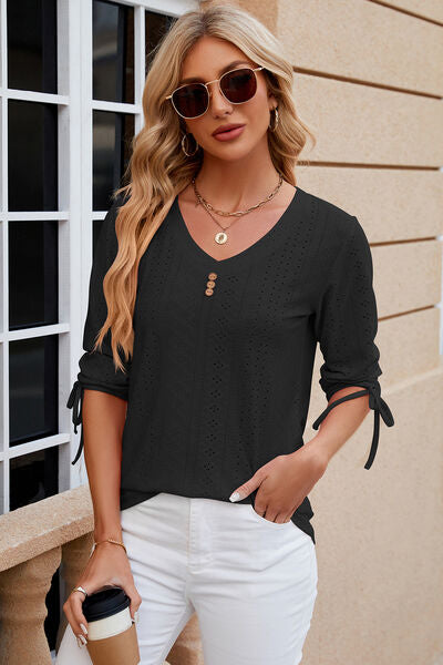 Eyelet Drawstring V-Neck Half Sleeve T-Shirt - Aurelia Clothing