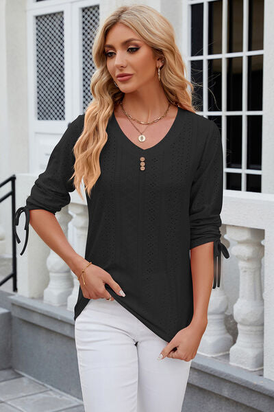 Eyelet Drawstring V-Neck Half Sleeve T-Shirt - Aurelia Clothing