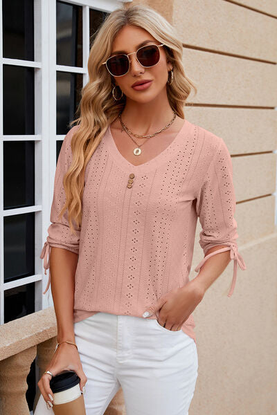 Eyelet Drawstring V-Neck Half Sleeve T-Shirt - Aurelia Clothing