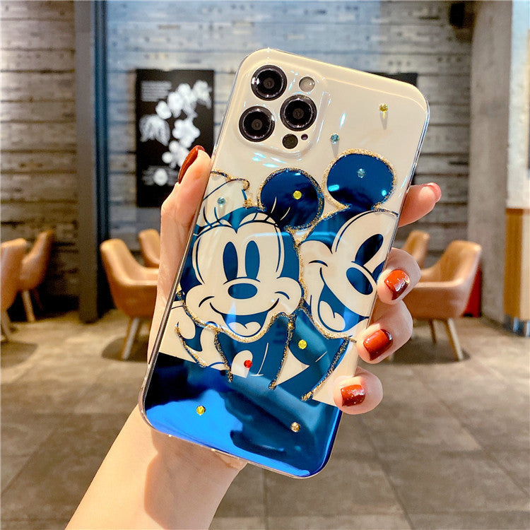 Blue light black-and-white Mickey is suitable for iPhone 12 / 11promax mobile phone case with flash drill and glue dropping - Free Shipping - Aurelia Clothing