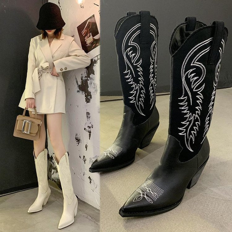 Fashion Embossed Microfiber Leather Women Boots Pointed Toe Western Cowboy Boots Women Knee-High Boots Chunky Wedges - Free Shipping - Aurelia Clothing