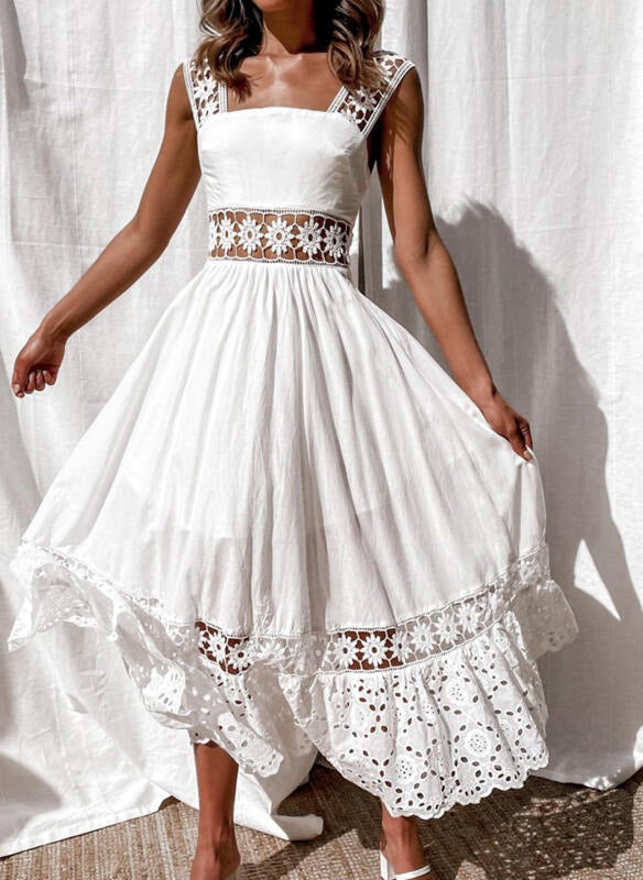 Fashionable lace sleeveless patchwork large hem long dress - Free Shipping - Aurelia Clothing