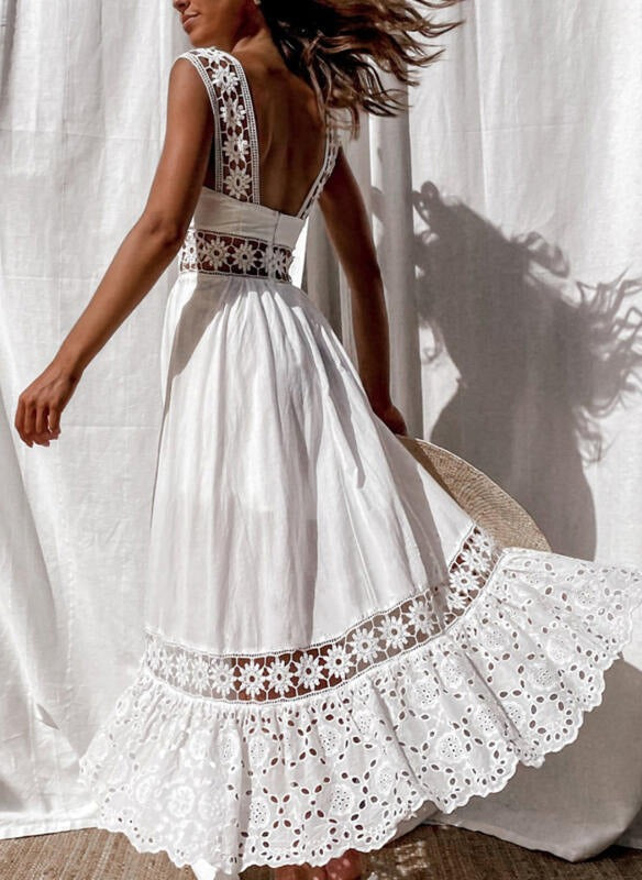 Fashionable lace sleeveless patchwork large hem long dress - Free Shipping - Aurelia Clothing