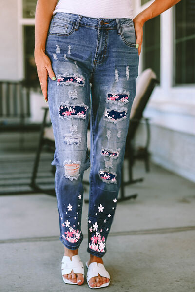 Flower Distressed Jeans with Pockets - Aurelia Clothing