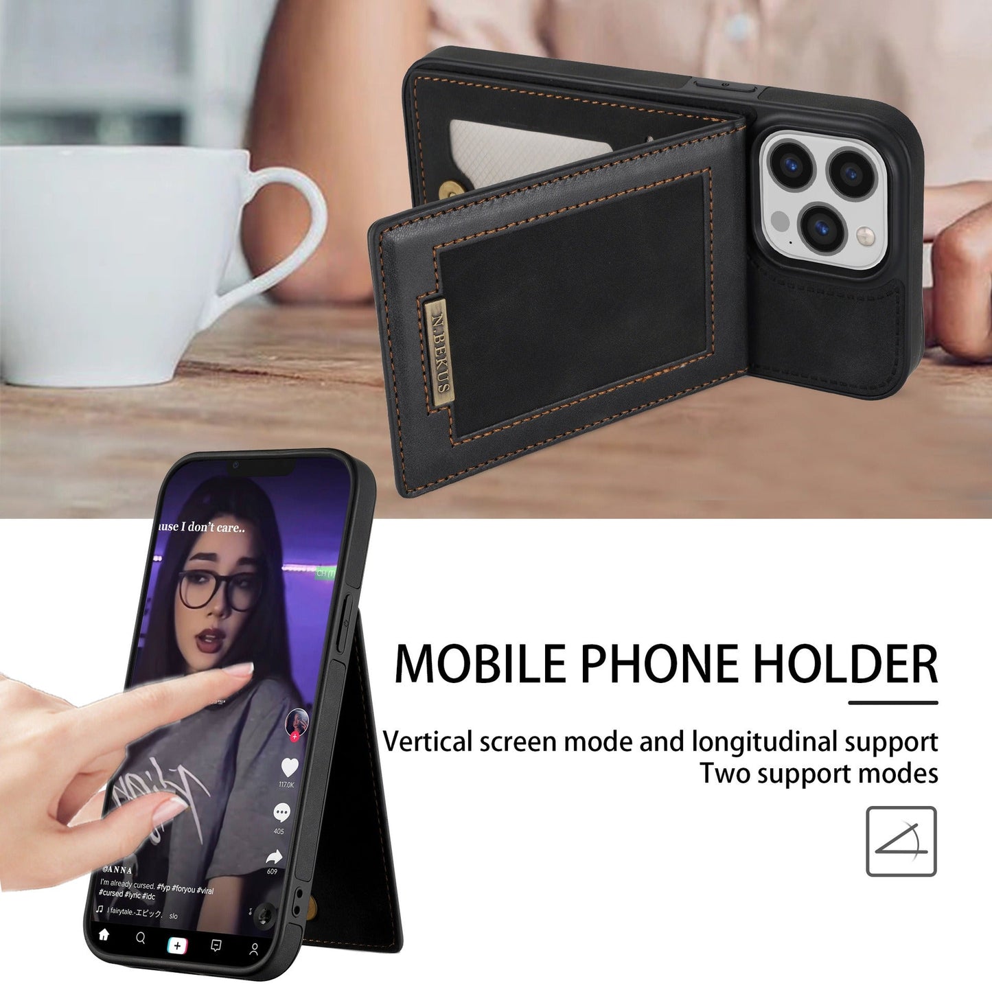 For iPhone 14ProMax Card Holder Phone Leather Case Samsung S23Ultra Photo Frame Magnetic Buckle Protective Case - Free Shipping - Aurelia Clothing