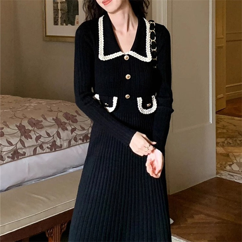 French style small fragrant style lapel slimming knit dress for women in autumn slim fit slimming high waisted base long skirt - Free Shipping - Aurelia Clothing