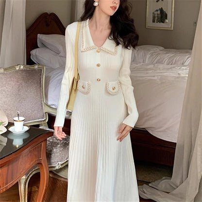 French style small fragrant style lapel slimming knit dress for women in autumn slim fit slimming high waisted base long skirt - Free Shipping - Aurelia Clothing