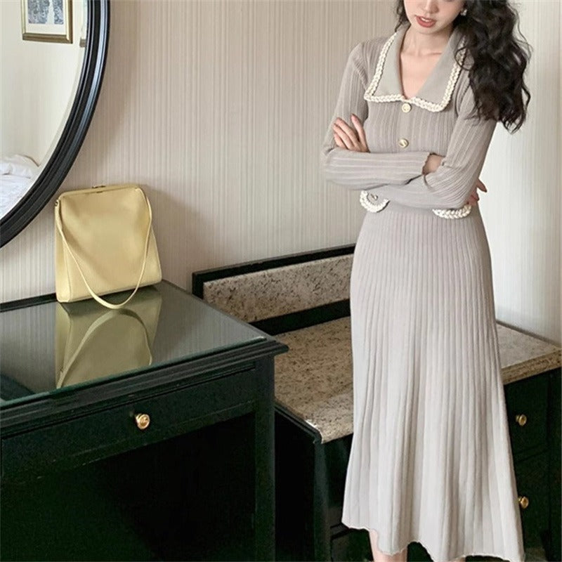 French style small fragrant style lapel slimming knit dress for women in autumn slim fit slimming high waisted base long skirt - Free Shipping - Aurelia Clothing