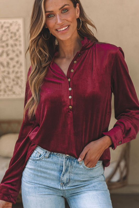 Frill Half Button Mock Neck Long Sleeve Blouse - Aurelia Clothing