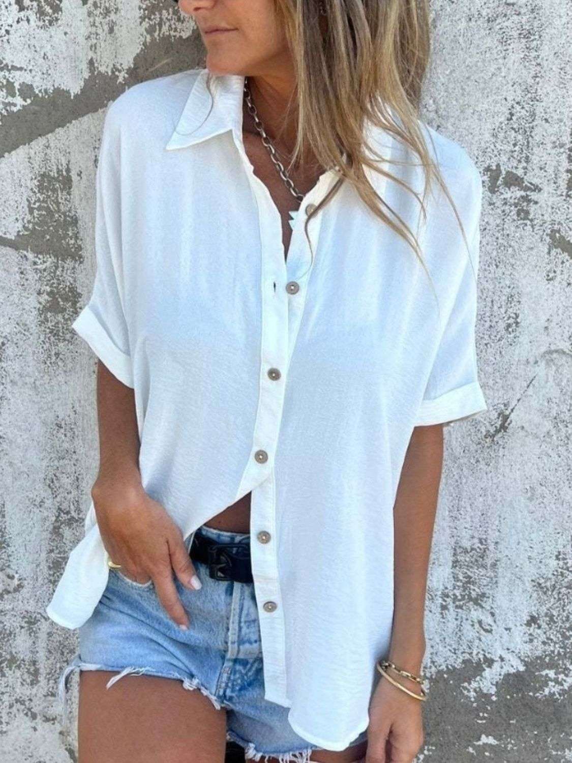 Full Size Button Down Short Sleeve Shirt Plus Size - Aurelia Clothing