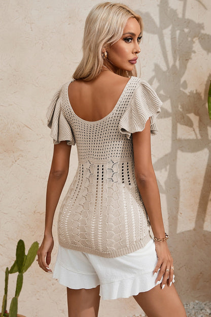 Full Size Openwork Flutter Sleeve Knit Top - Aurelia Clothing