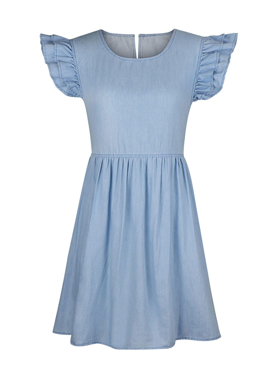 Full Size Ruffled Round Neck Cap Sleeve Denim Dress - Aurelia Clothing