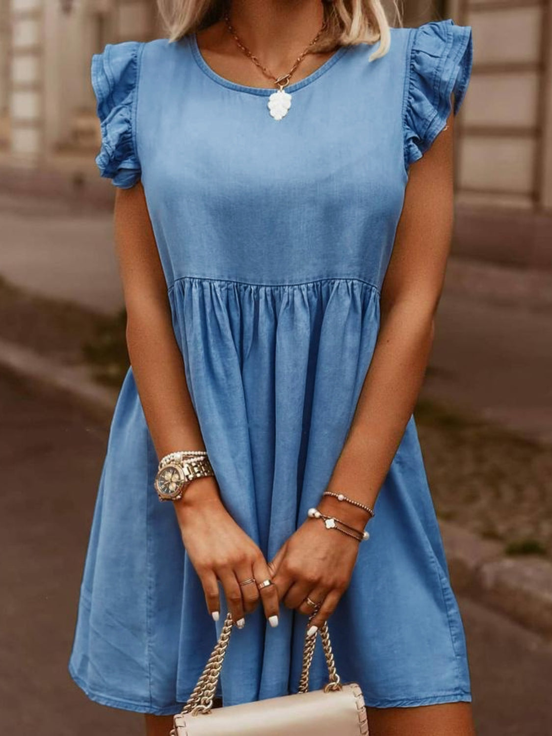 Full Size Ruffled Round Neck Cap Sleeve Denim Dress - Aurelia Clothing