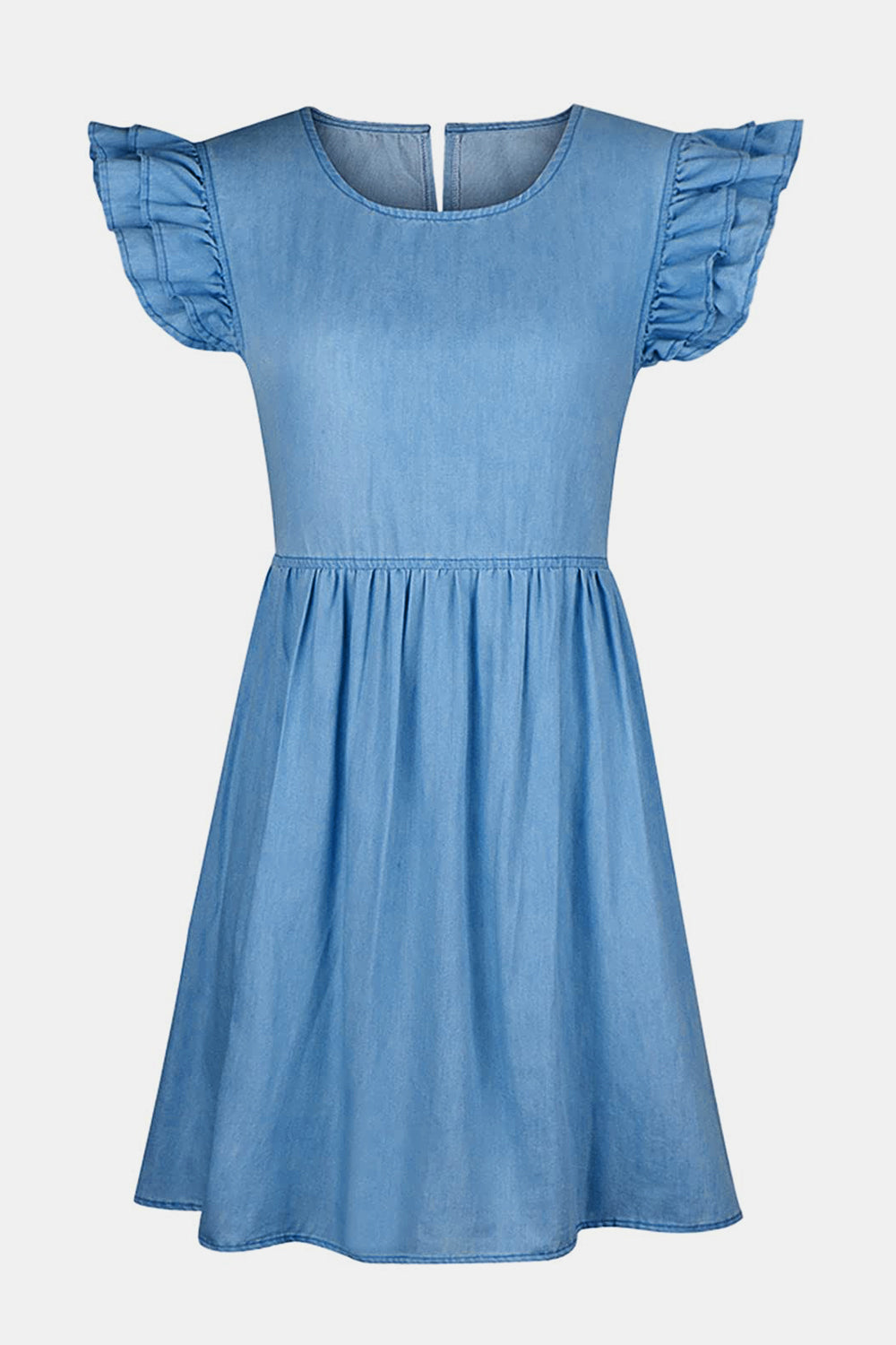 Full Size Ruffled Round Neck Cap Sleeve Denim Dress - Aurelia Clothing