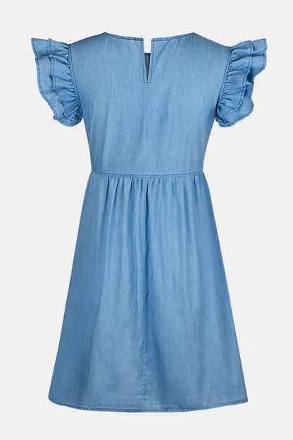 Full Size Ruffled Round Neck Cap Sleeve Denim Dress - Aurelia Clothing