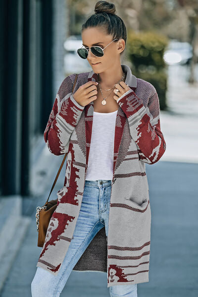 Geometric Open Front Pocketed Cardigan - Aurelia Clothing