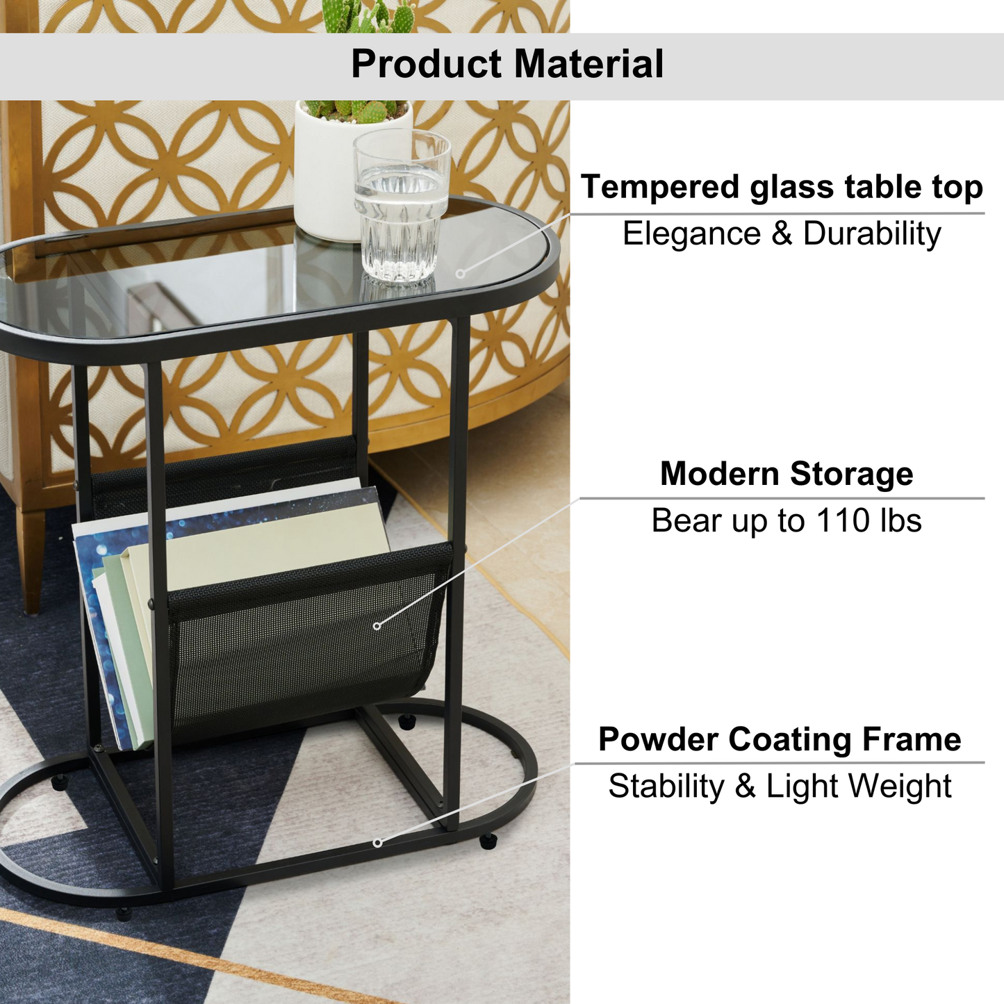 Glass Oval Small Side Tables Living Room Small Space With Magazines Organizer Storage Space - Free Shipping - Aurelia Clothing