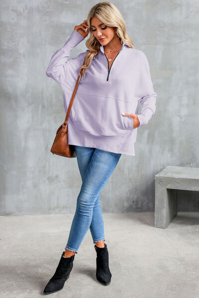 Half Zip Pocketed Dropped Shoulder Sweatshirt - Aurelia Clothing