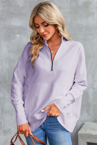 Half Zip Pocketed Dropped Shoulder Sweatshirt - Aurelia Clothing