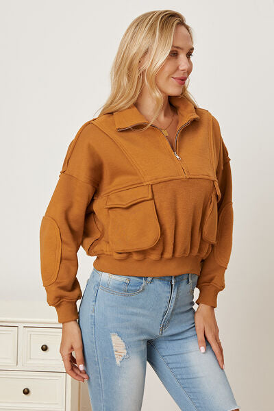 Half Zip Long Sleeve Sweatshirt with Pockets - Aurelia Clothing