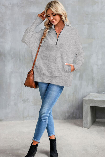 Half Zip Pocketed Dropped Shoulder Sweatshirt - Aurelia Clothing