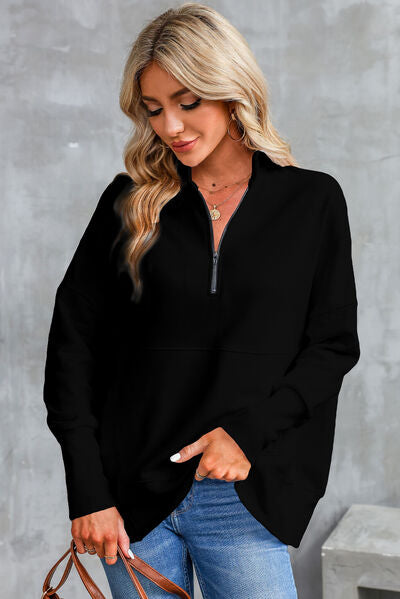 Half Zip Pocketed Dropped Shoulder Sweatshirt - Aurelia Clothing