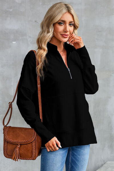 Half Zip Pocketed Dropped Shoulder Sweatshirt - Aurelia Clothing