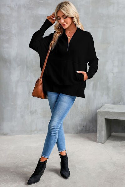 Half Zip Pocketed Dropped Shoulder Sweatshirt - Aurelia Clothing