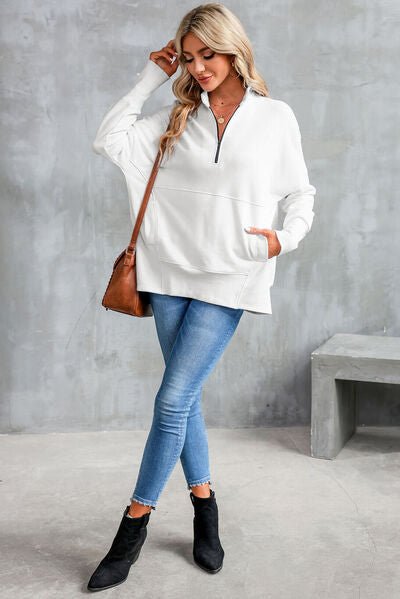 Half Zip Pocketed Dropped Shoulder Sweatshirt - Aurelia Clothing