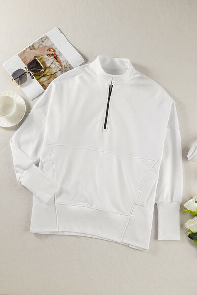 Half Zip Pocketed Dropped Shoulder Sweatshirt - Aurelia Clothing