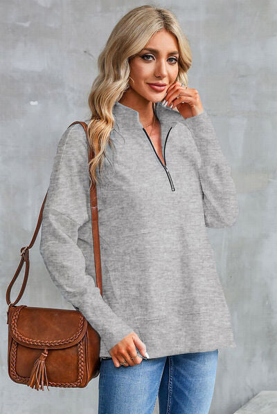 Half Zip Pocketed Dropped Shoulder Sweatshirt - Aurelia Clothing