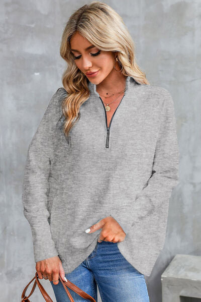 Half Zip Pocketed Dropped Shoulder Sweatshirt - Aurelia Clothing