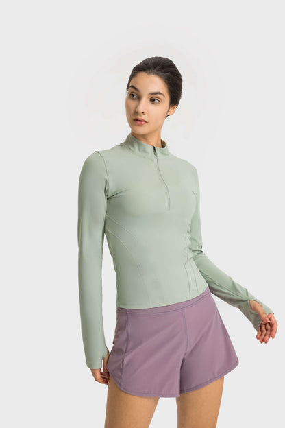 Half Zip Thumbhole Sleeve Sports Top - Aurelia Clothing