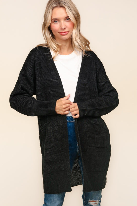 Haptics Stripe Textured Open Front Cardigan with Pockets - Aurelia Clothing