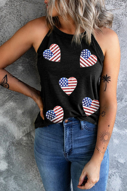 Heart US Flag Round Neck Grecian Neck Tank - Aurelia Clothing