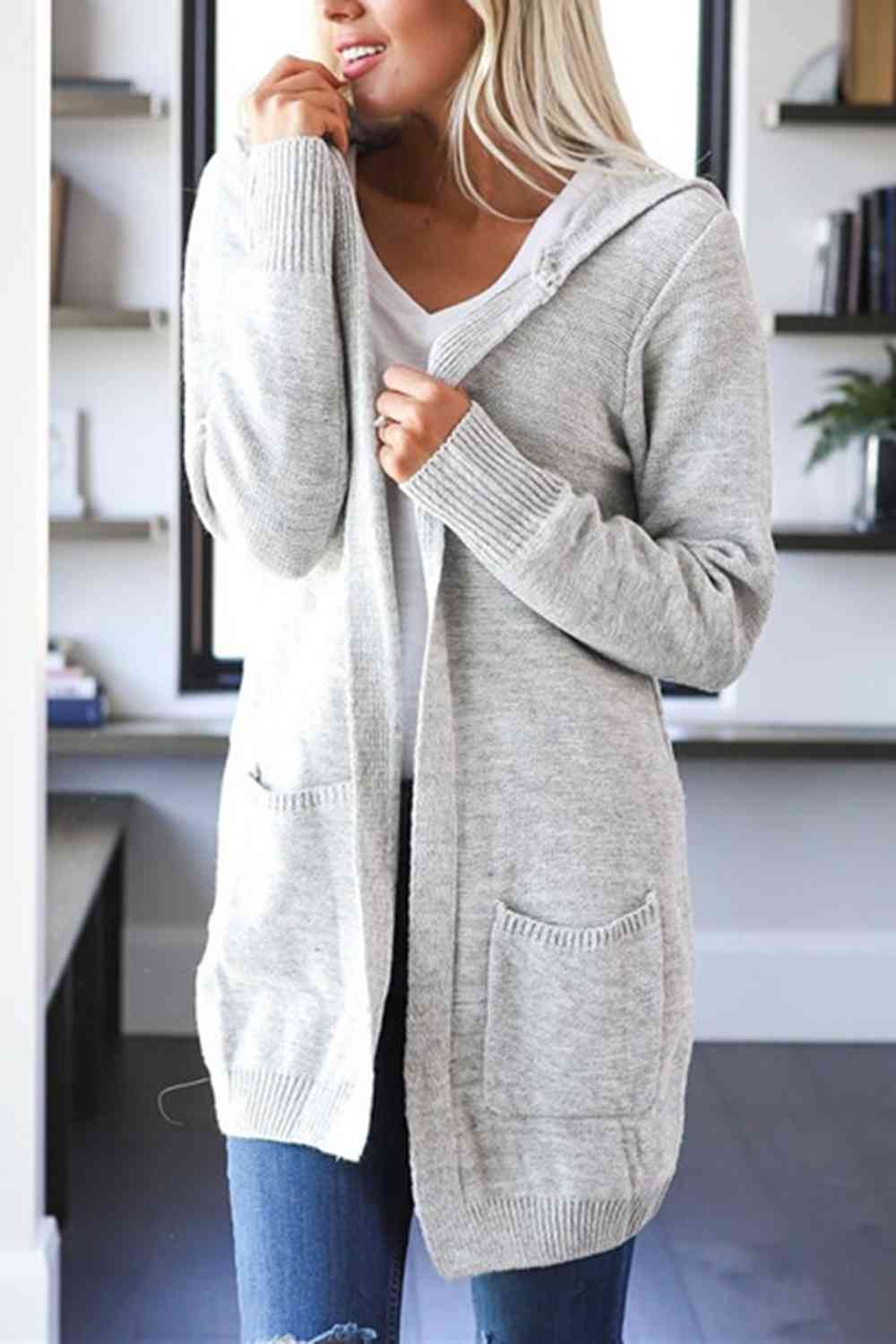 Heathered Open Front Cardigan with Pockets - Aurelia Clothing