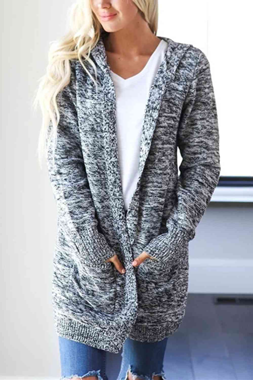 Heathered Open Front Cardigan with Pockets - Aurelia Clothing