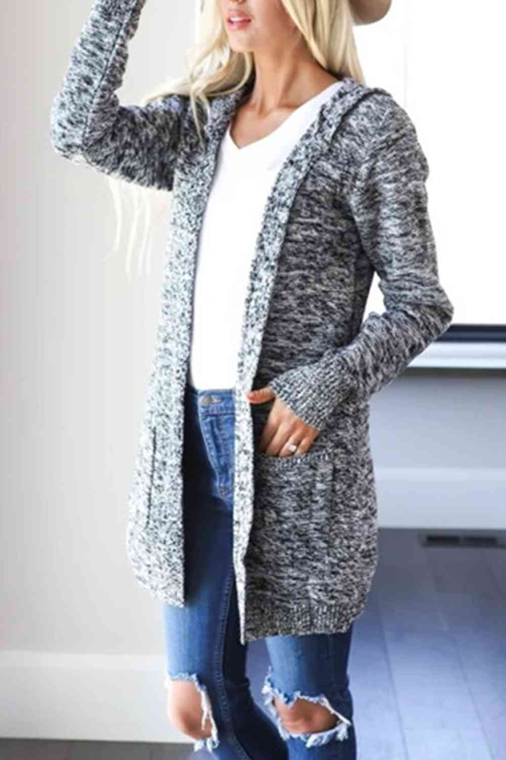 Heathered Open Front Cardigan with Pockets - Aurelia Clothing