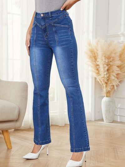 High Waist Bootcut Jeans with Pockets - Aurelia Clothing