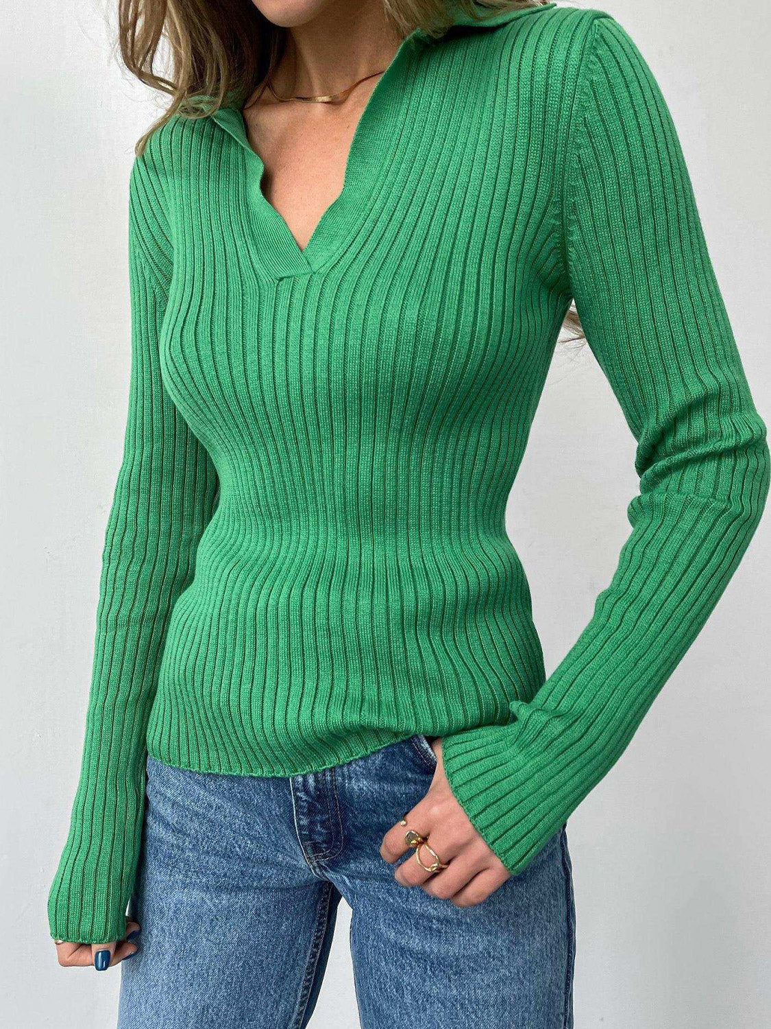 Johnny Collar Rib-Knit Top - Aurelia Clothing