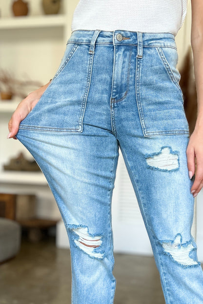 Judy Blue Full Size Distressed Straight Jeans with Patch Pockets - Free Shipping - Aurelia Clothing