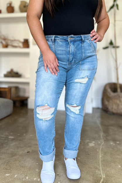 Judy Blue Full Size Distressed Straight Jeans with Patch Pockets - Free Shipping - Aurelia Clothing