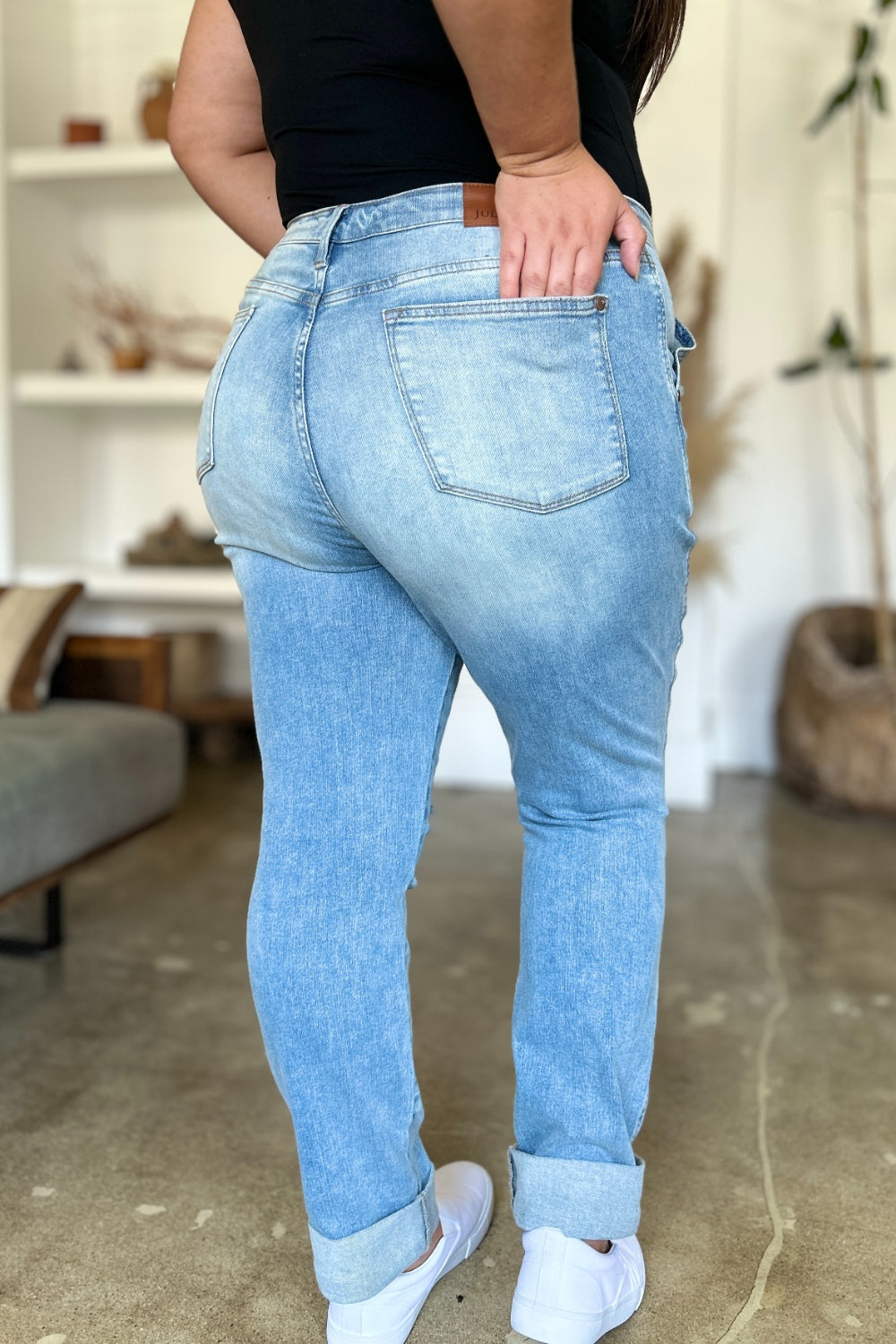 Judy Blue Full Size Distressed Straight Jeans with Patch Pockets - Free Shipping - Aurelia Clothing