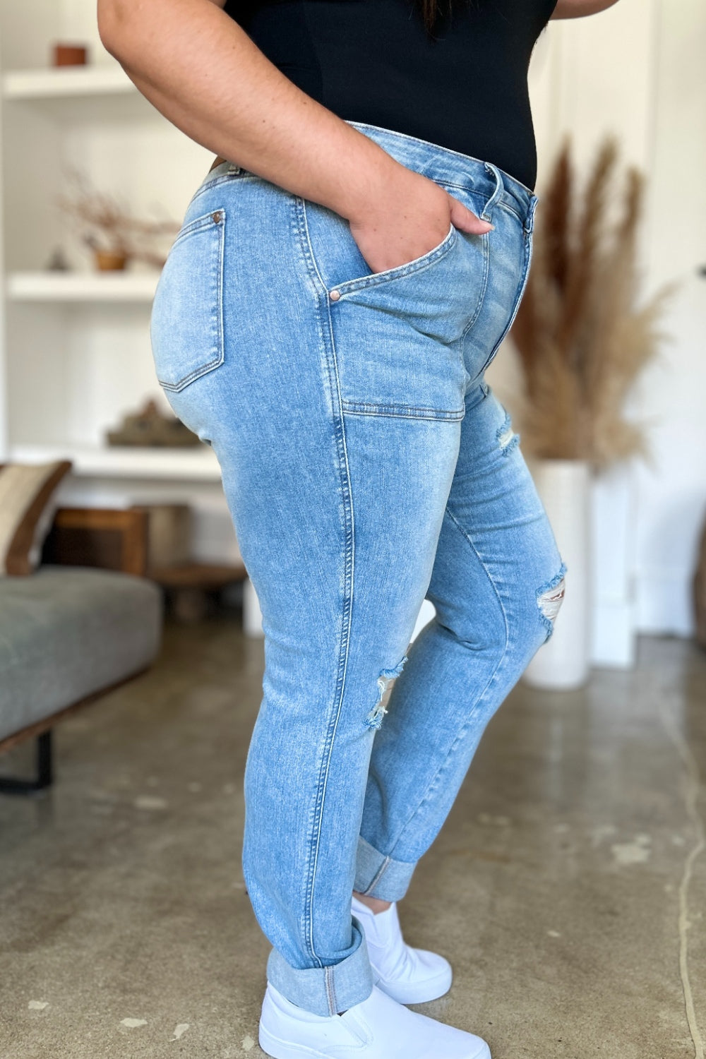 Judy Blue Full Size Distressed Straight Jeans with Patch Pockets - Free Shipping - Aurelia Clothing