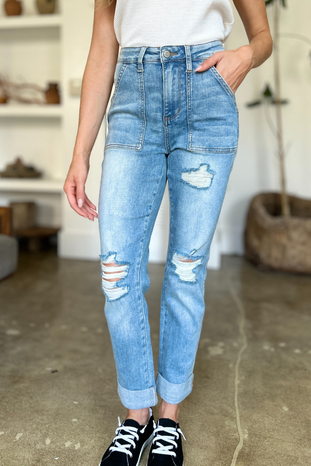 Judy Blue Full Size Distressed Straight Jeans with Patch Pockets - Free Shipping - Aurelia Clothing