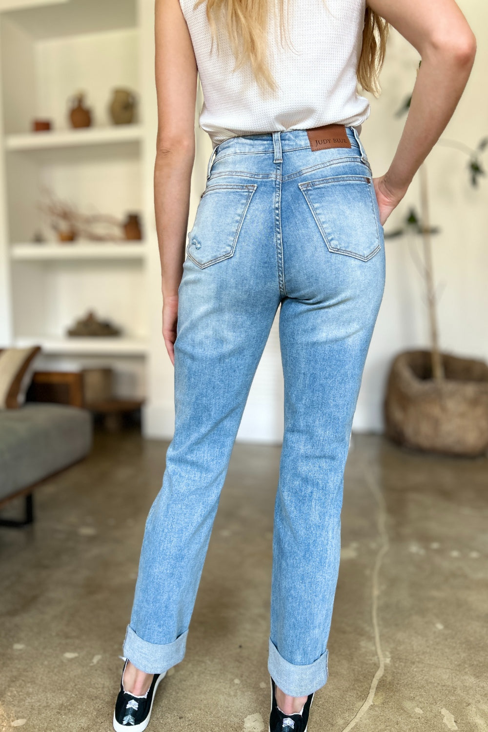 Judy Blue Full Size Distressed Straight Jeans with Patch Pockets - Free Shipping - Aurelia Clothing