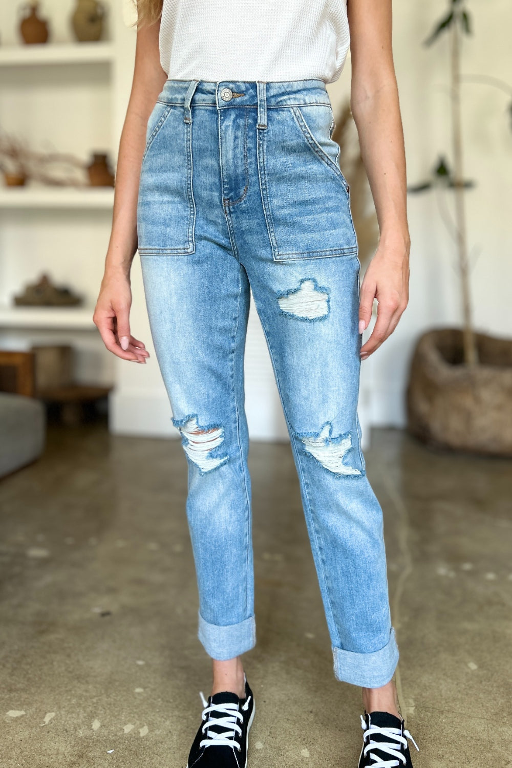 Judy Blue Full Size Distressed Straight Jeans with Patch Pockets - Free Shipping - Aurelia Clothing