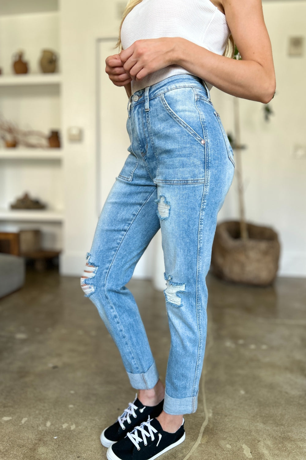 Judy Blue Full Size Distressed Straight Jeans with Patch Pockets - Free Shipping - Aurelia Clothing